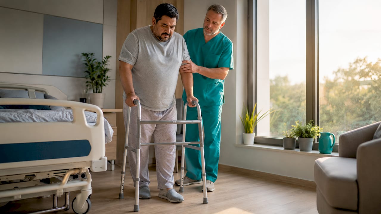 Nurse assisting bariatric patient walking in hospital
