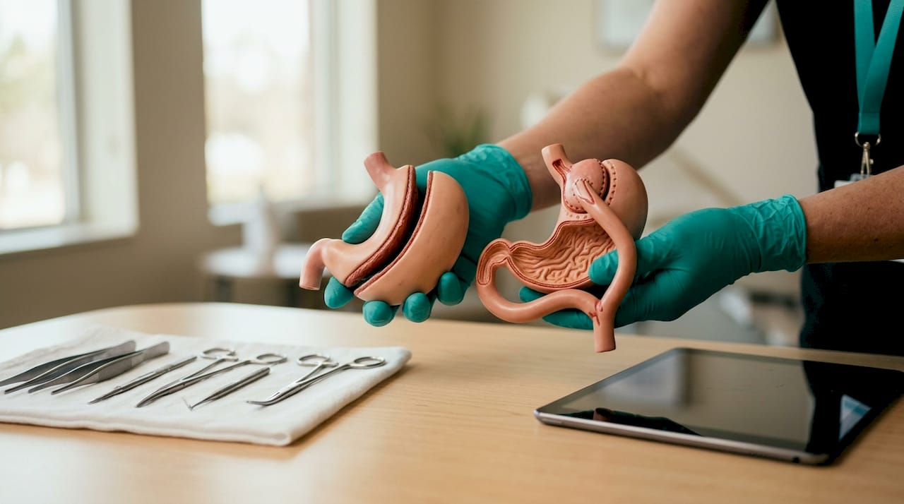 Hands holding bariatric surgery stomach models in prep room