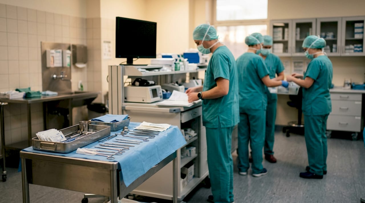 Surgical instruments on tray in operating room