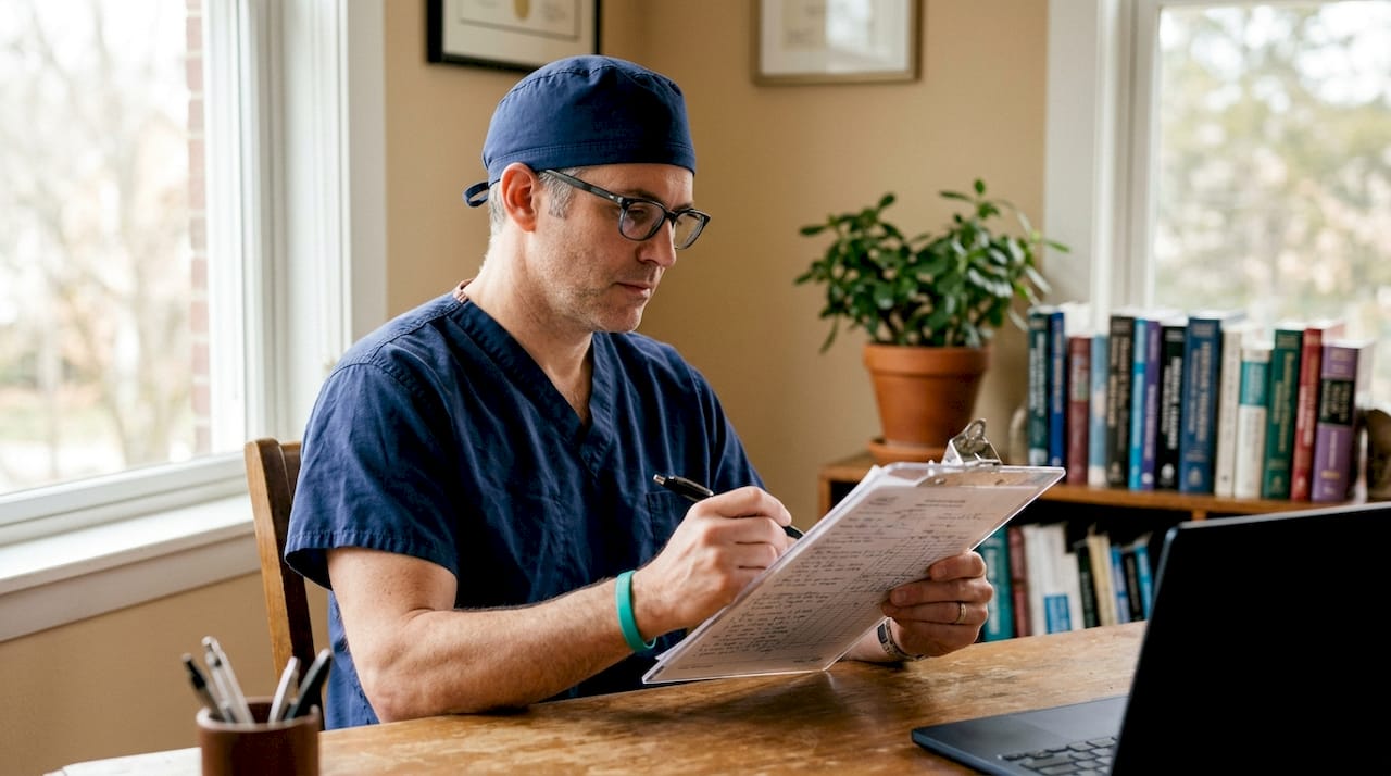 Surgeon reviewing patient chart in consultation