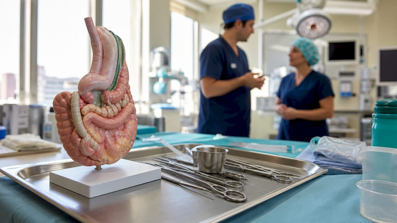 Anatomical model and surgeons preparing for revision surgery