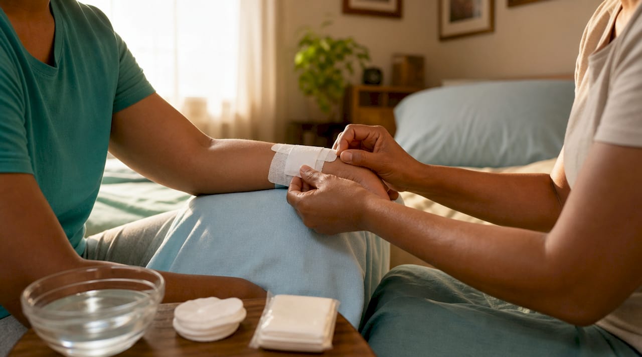 Hands performing sterile wound care at home