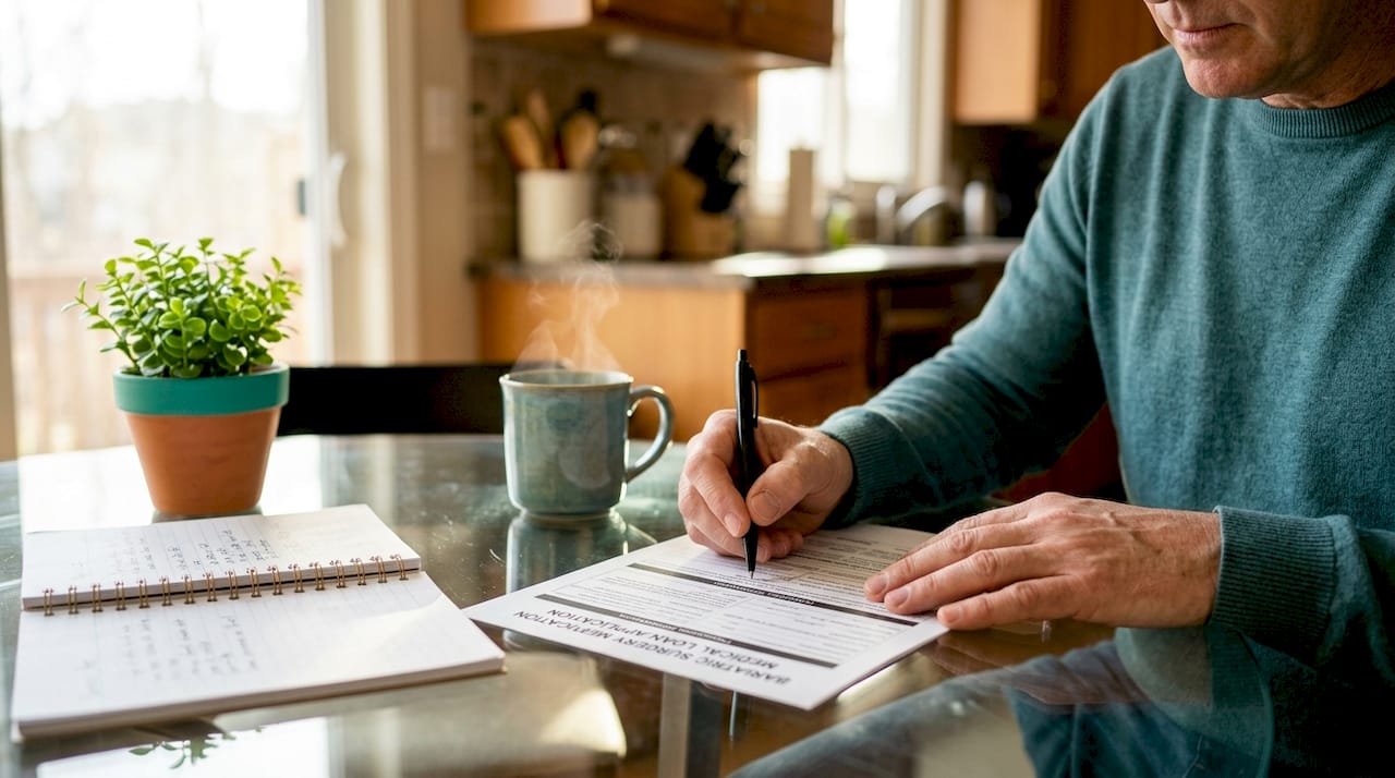 Hands completing bariatric surgery loan application