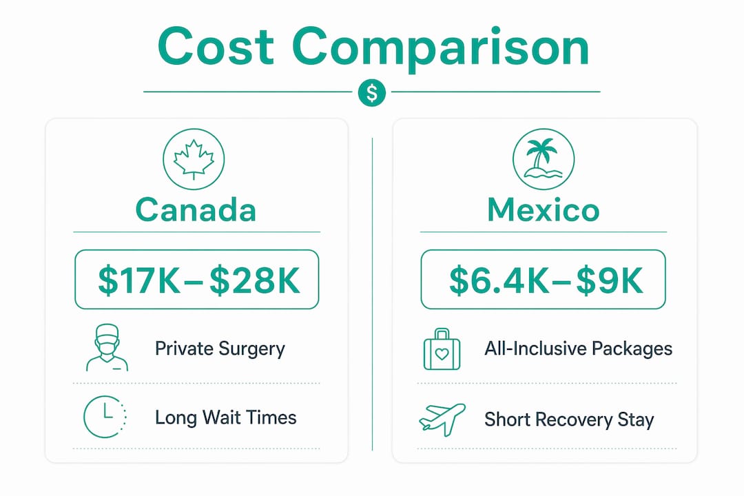 Infographic comparing gastric sleeve surgery costs Canada vs Mexico