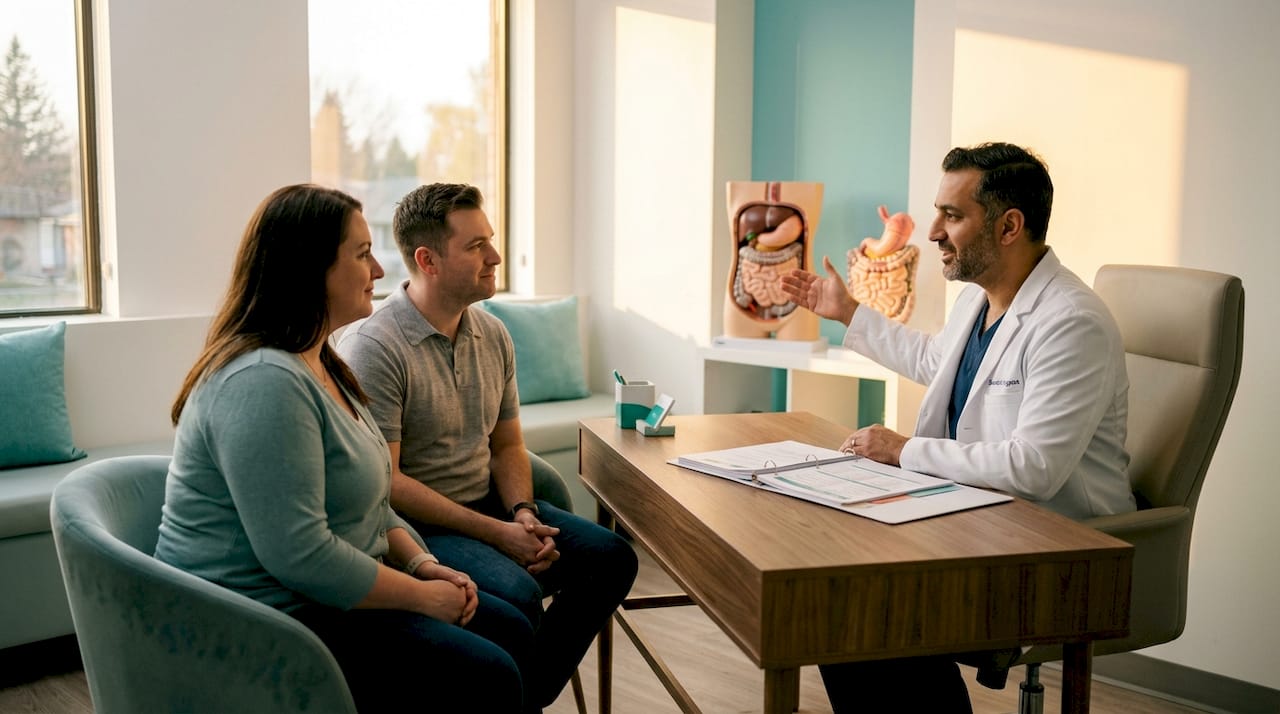 Bariatric surgeon consulting Canadian patient