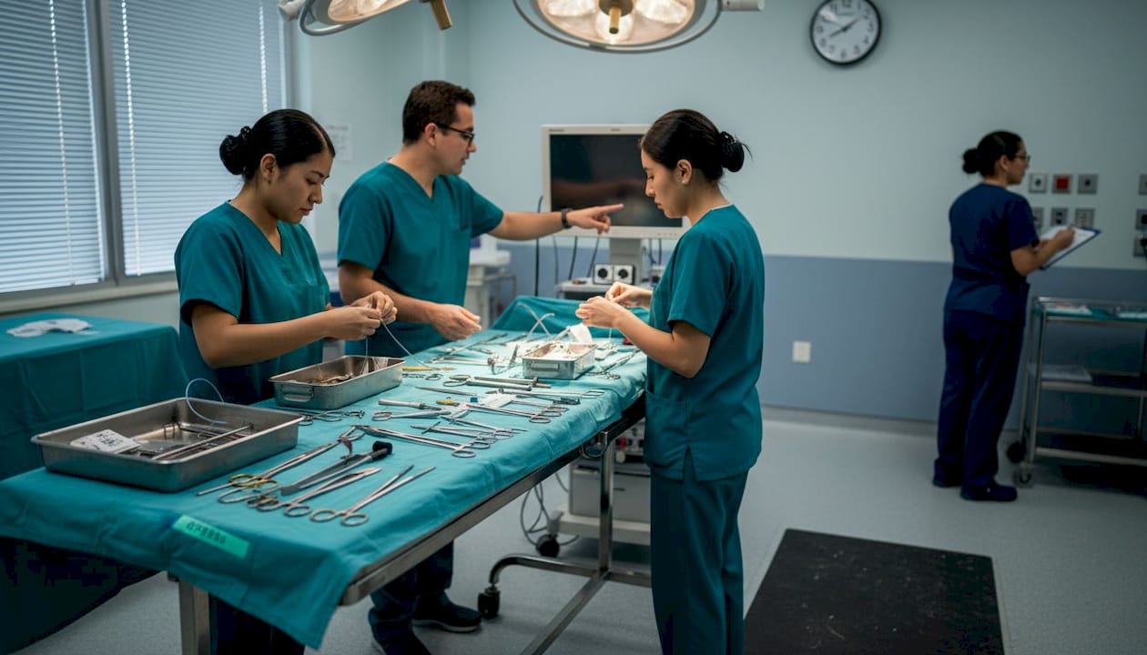 Surgical team preparing instruments for gastric sleeve operation