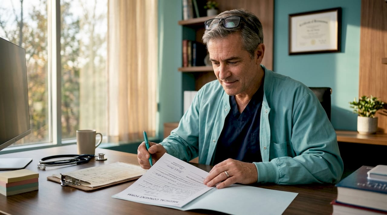 Surgeon's hands signing consent form
