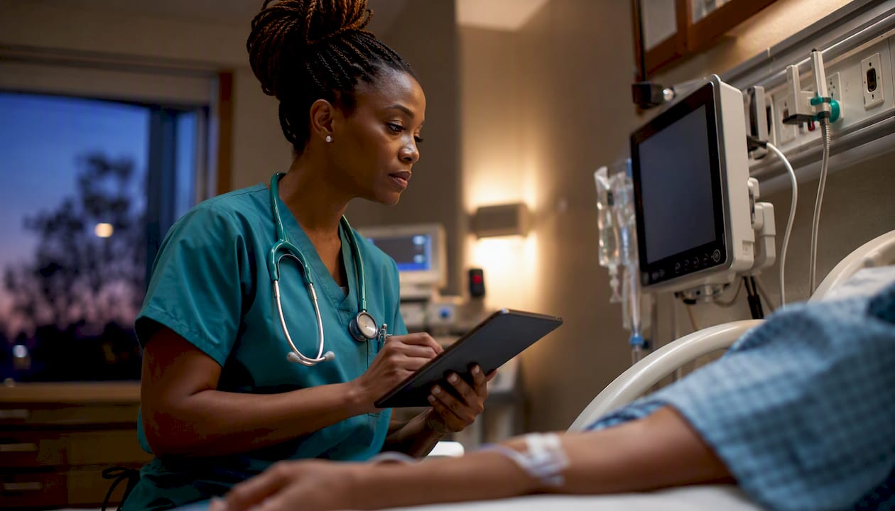 Nurse monitoring vitals in emergency room