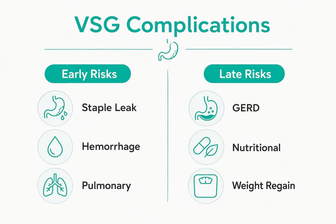 Infographic showing early and late gastric sleeve complications