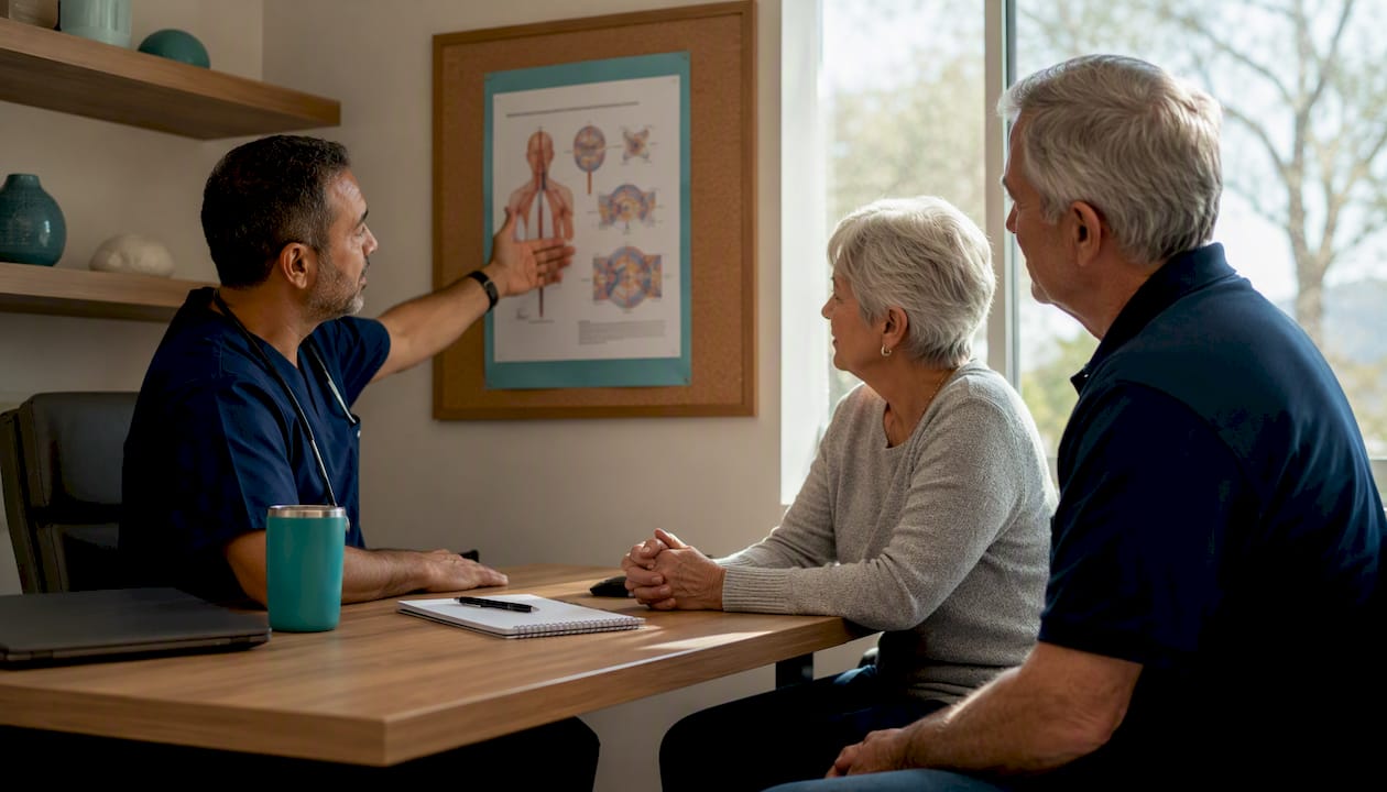 Doctor consulting U.S. patient couple in Tijuana specialty center