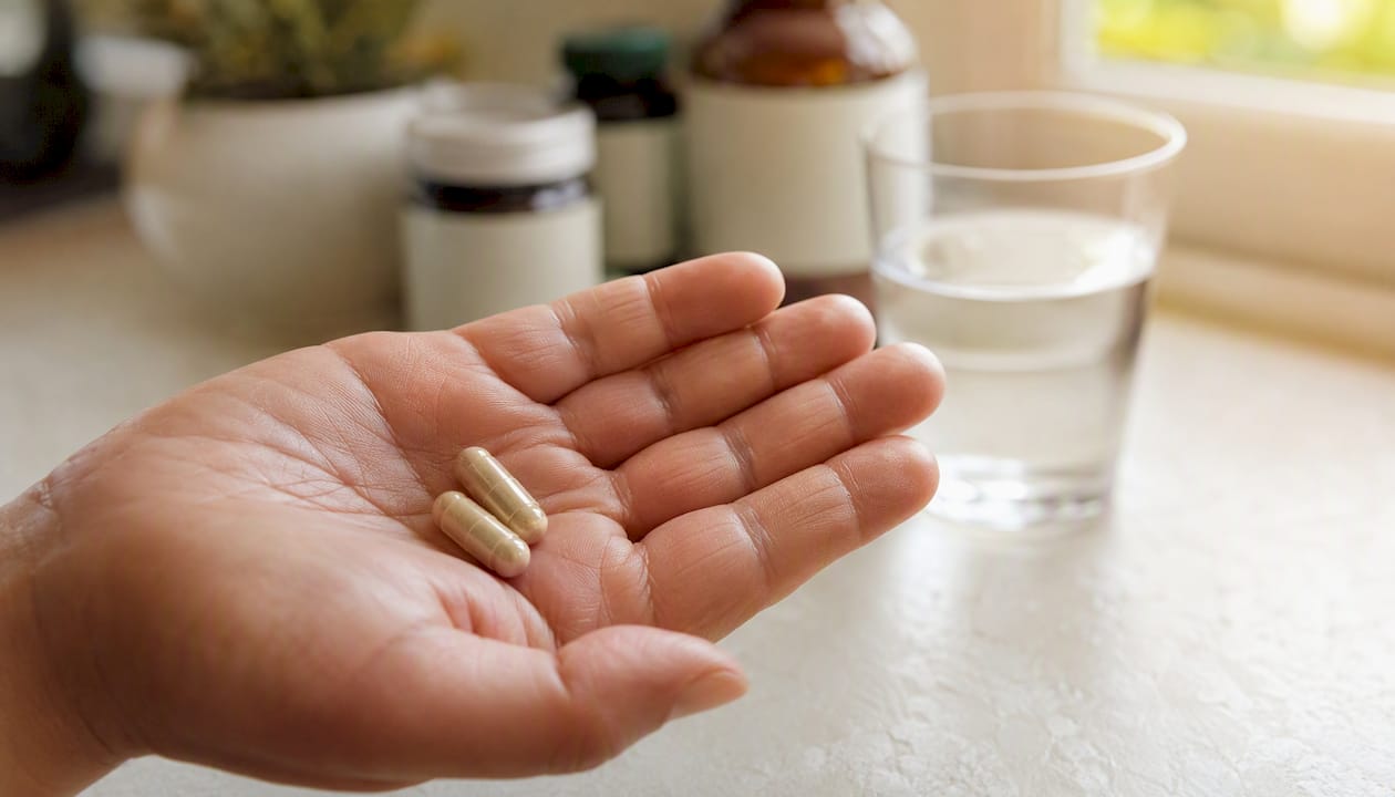 Hand holding two enteric-coated peppermint oil capsules