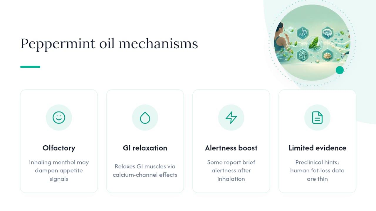 Diagram of peppermint oil effects on appetite and digestion