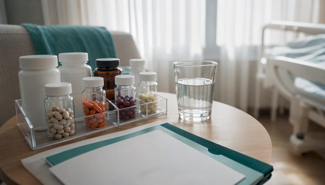 Bariatric vitamin starter pack on hospital bedside table