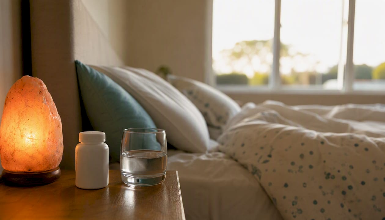 Bedside table with magnesium supplement and water