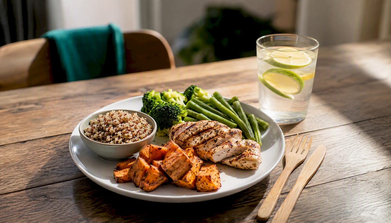 Plate of sweet potato, chicken, rice and veggies