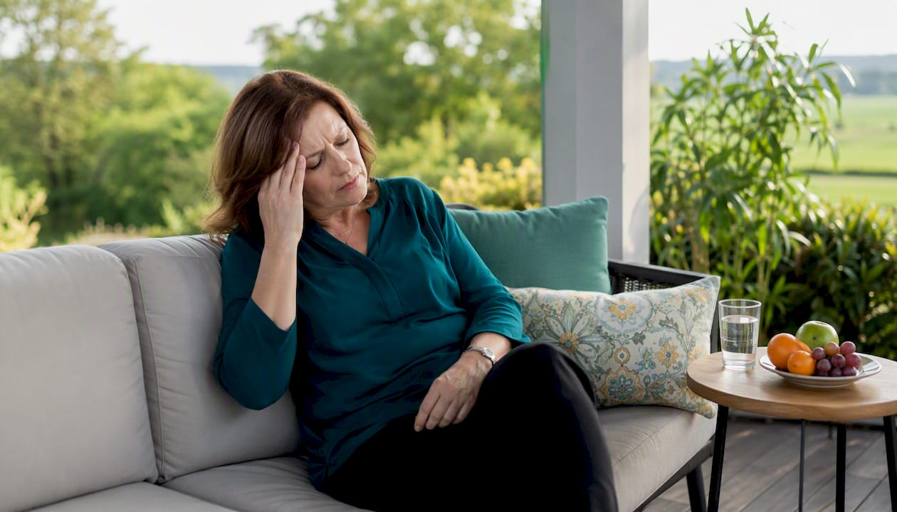 Woman holding head experiencing sugar withdrawal headache