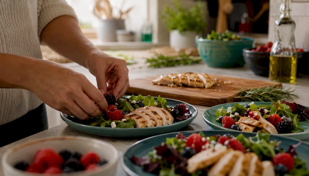 Hands plating healthy food for sugar reduction plan