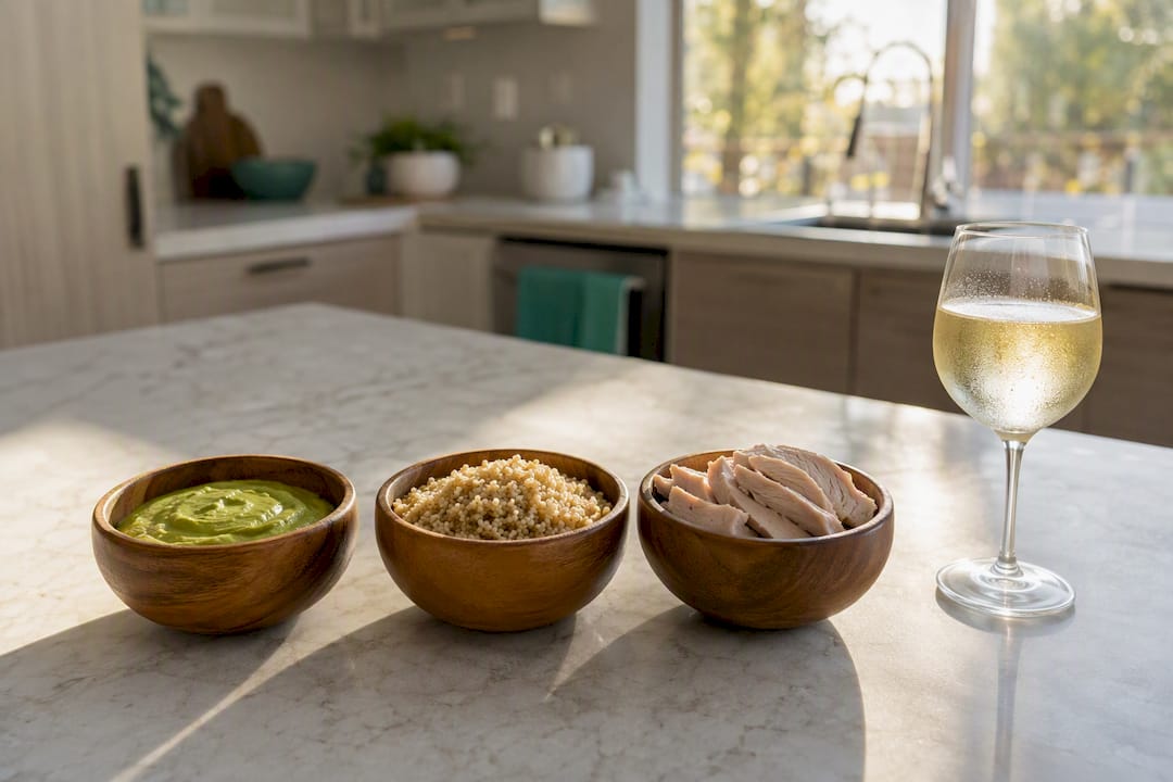 Bowls containing fat, carbs, protein, alcohol foods