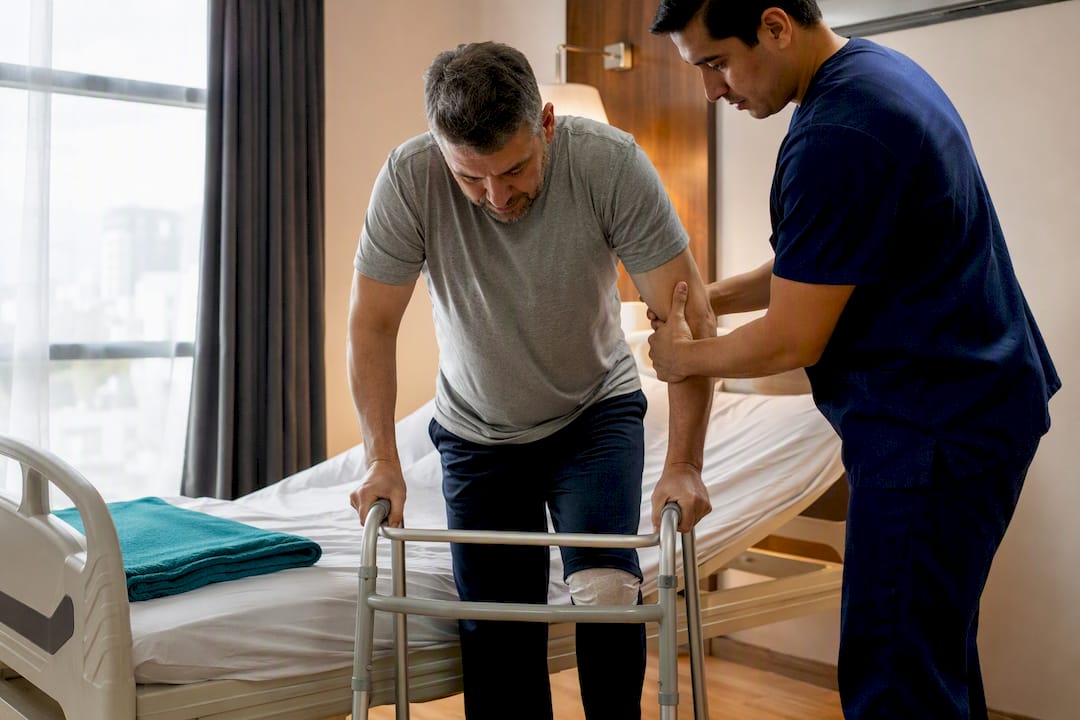 Therapist guiding postoperative mobility exercise