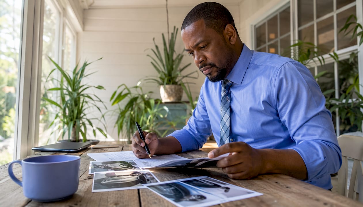 Insurance adjuster reviewing car damage documents