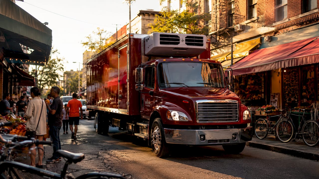 Refrigerated straight truck making urban delivery