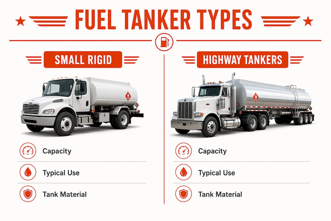 Infographic comparing fuel tanker truck types