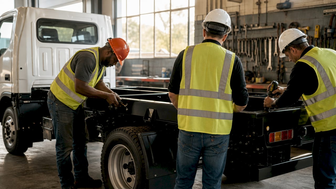 Mechanics installing flatbed on chassis cab truck at site