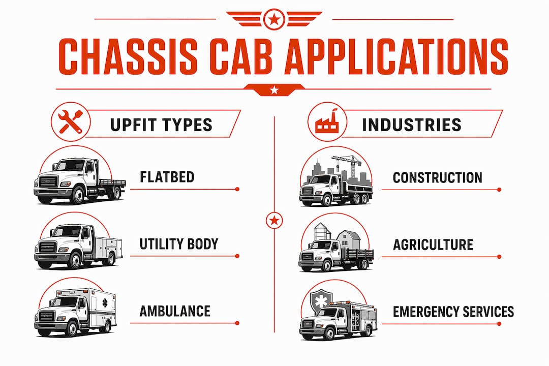 Infographic showing chassis cab truck upfit types and industries