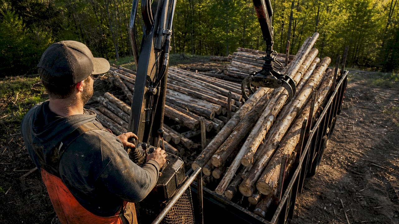 Worker loading cut logs onto short-log truck