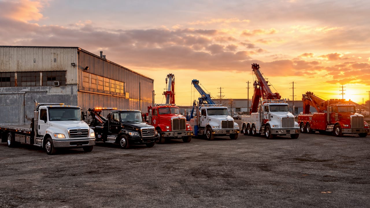 Six types of tow trucks lined up outdoors
