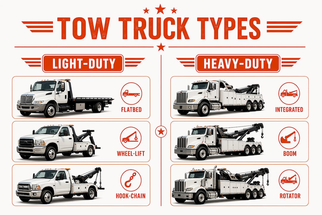 Infographic comparing light-duty and heavy-duty tow trucks