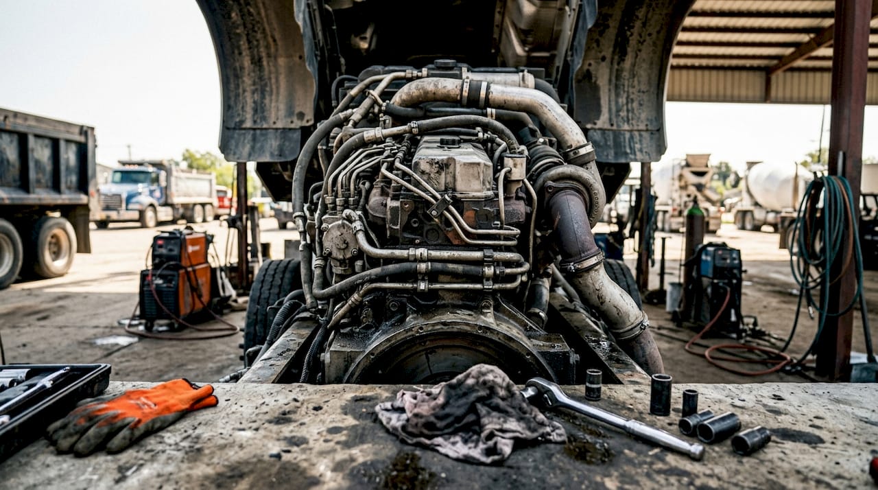 Close-up of Class 8 truck diesel engine in garage