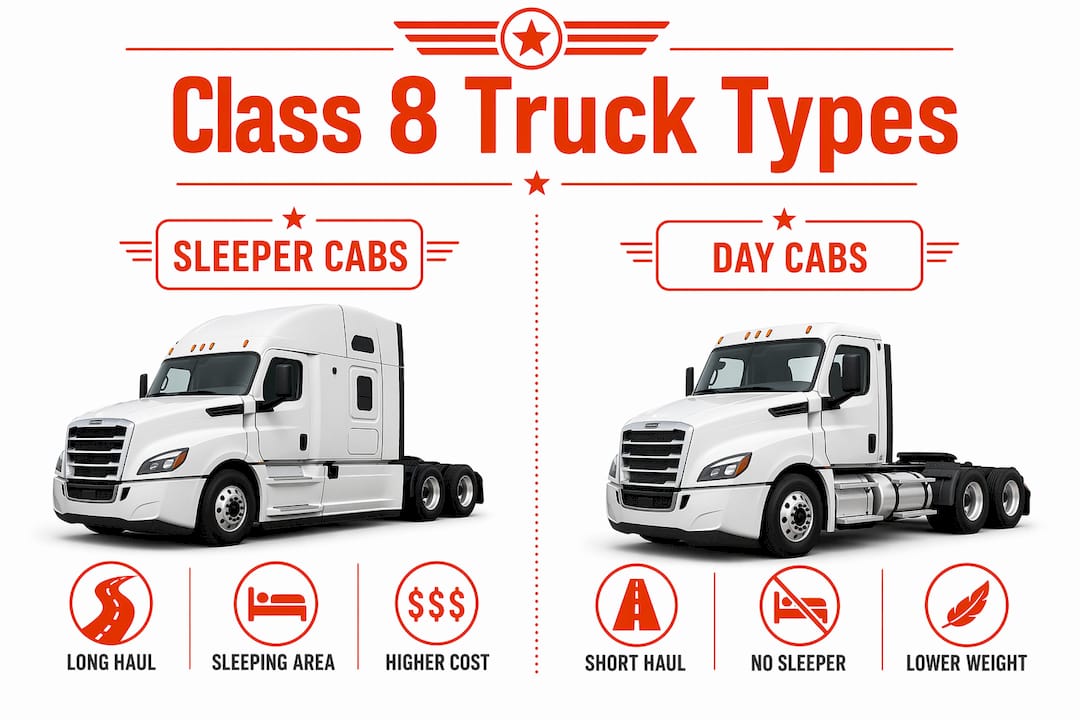 Infographic comparing Class 8 sleeper cab and day cab trucks