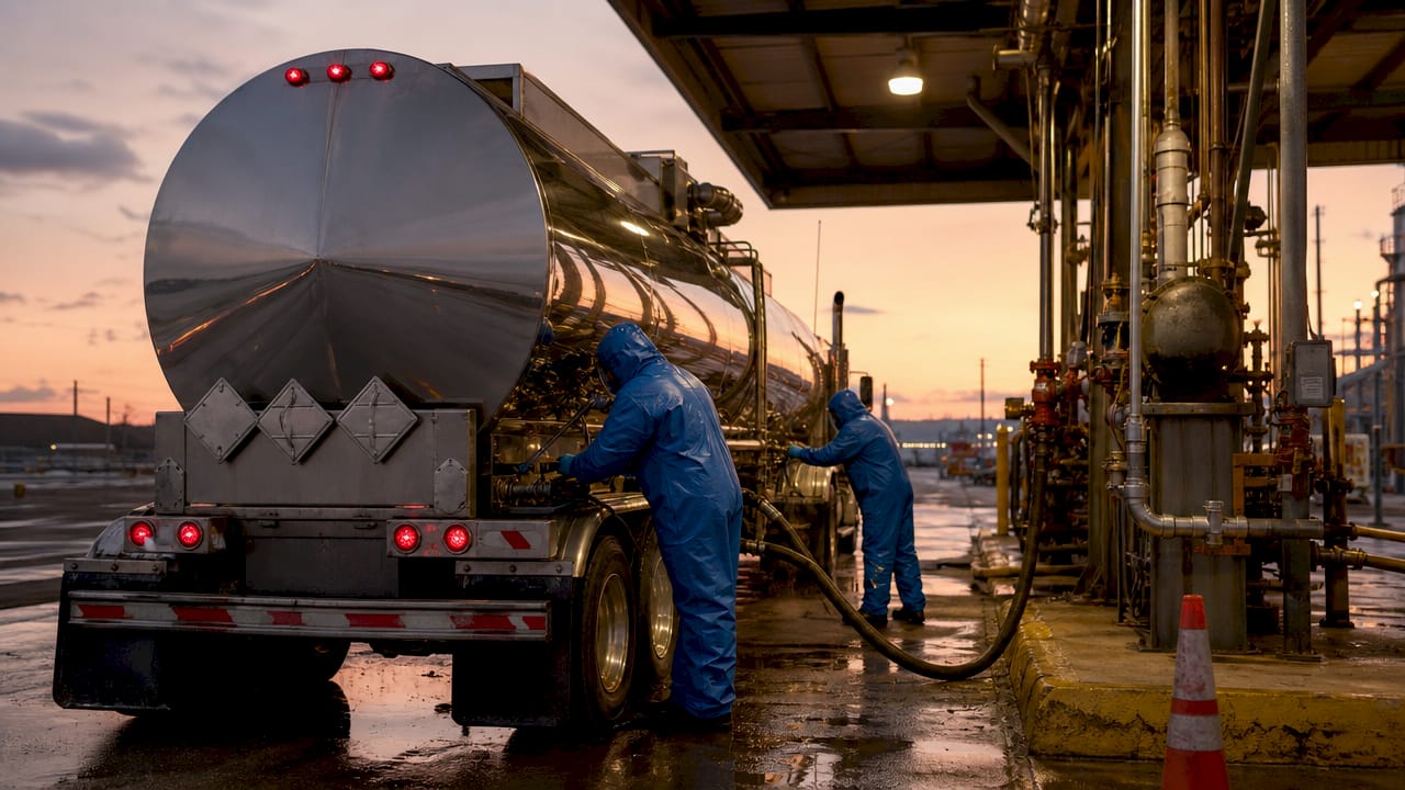Chemical tanker truck loading hazardous liquids