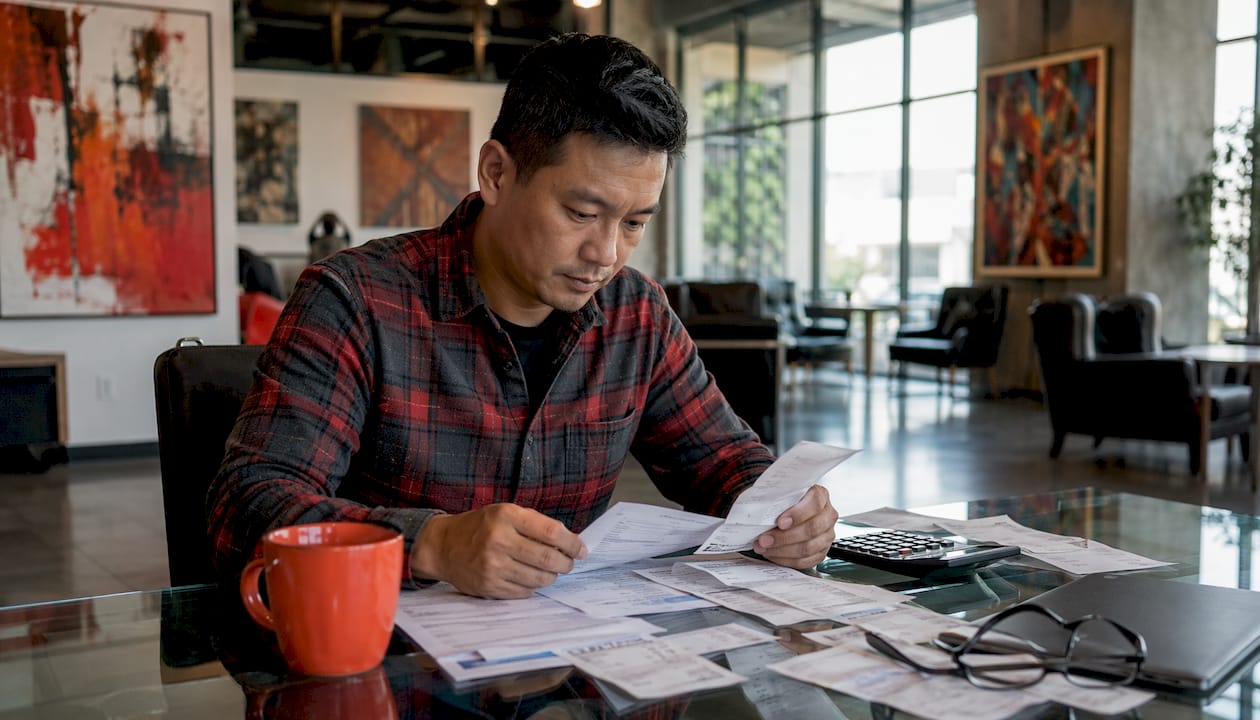 Hands organizing truck financing tax papers