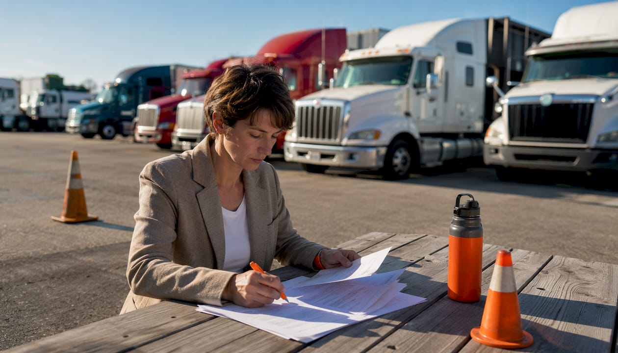 Woman reviewing semi truck inspection checklists at desk