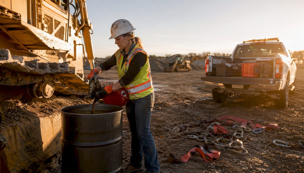 Operator draining fluids from heavy bulldozer outdoors