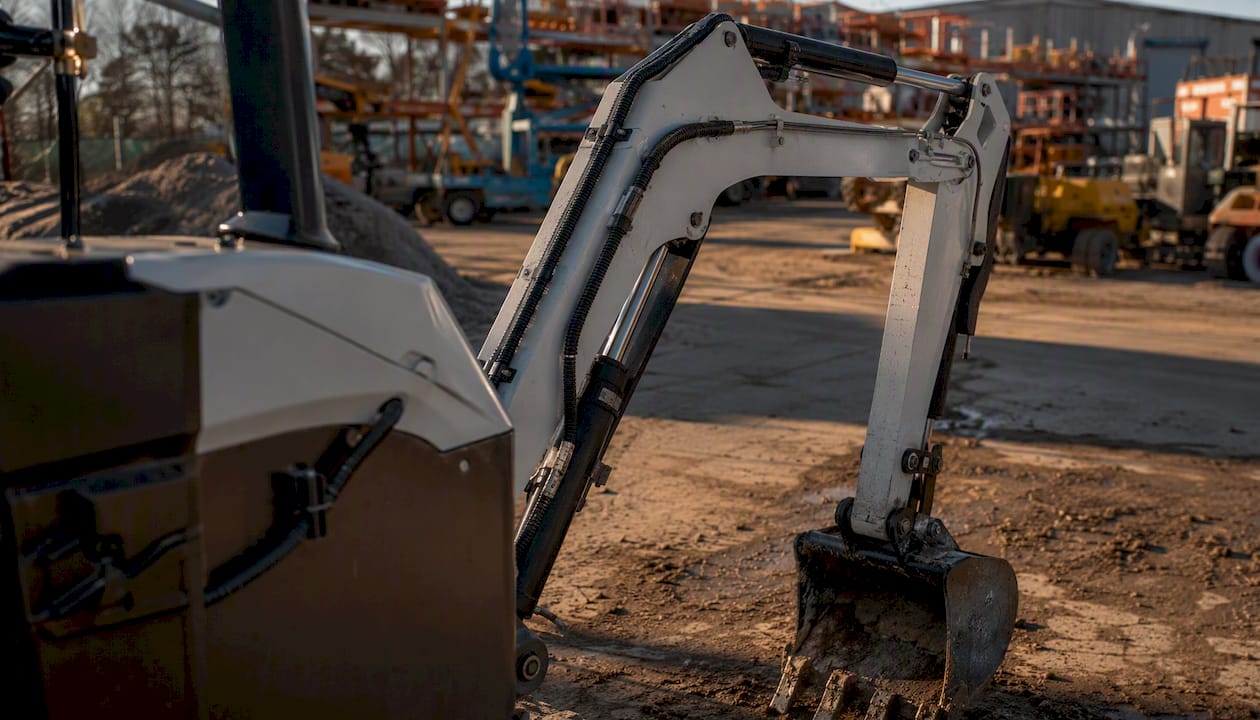 Compact electric excavator arm at rental yard