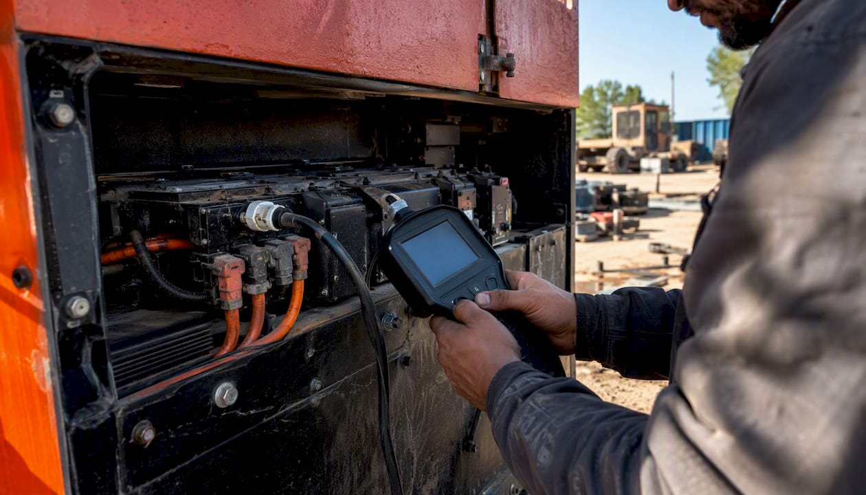 Technician checking electric machine battery connections