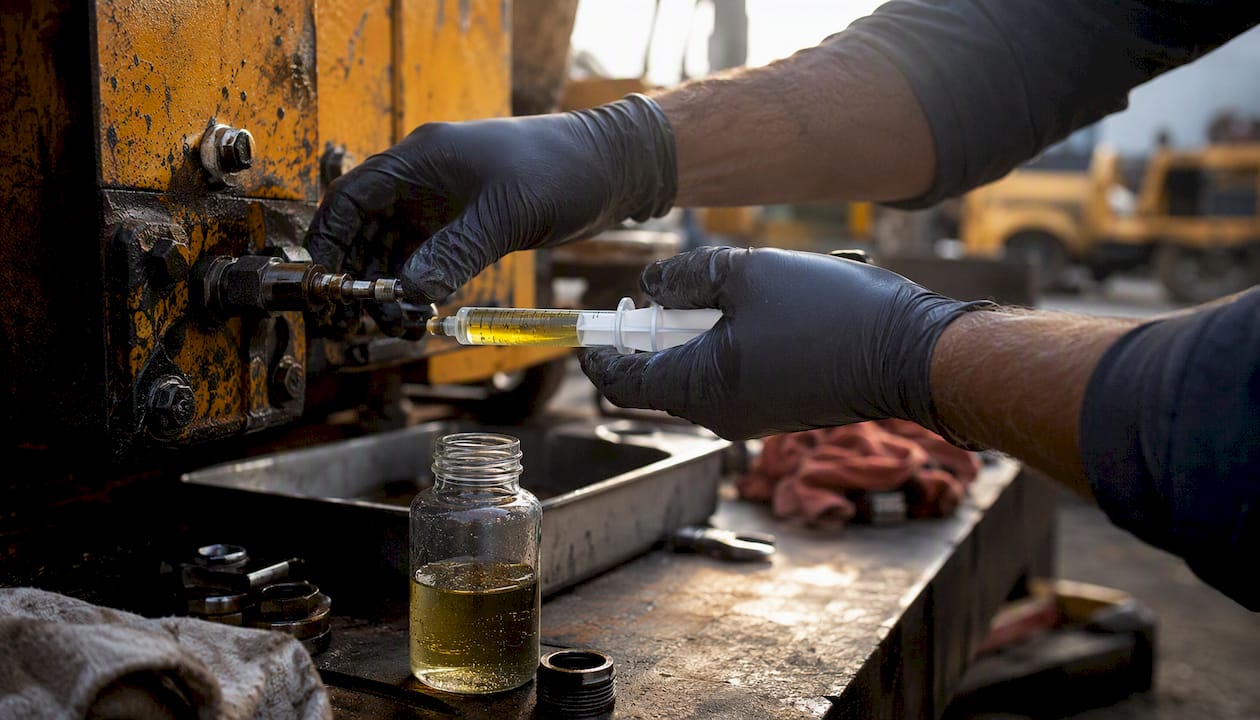 Gloved hands sampling hydraulic fluid