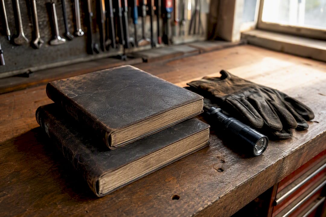 Maintenance log books and mechanic gloves on workbench