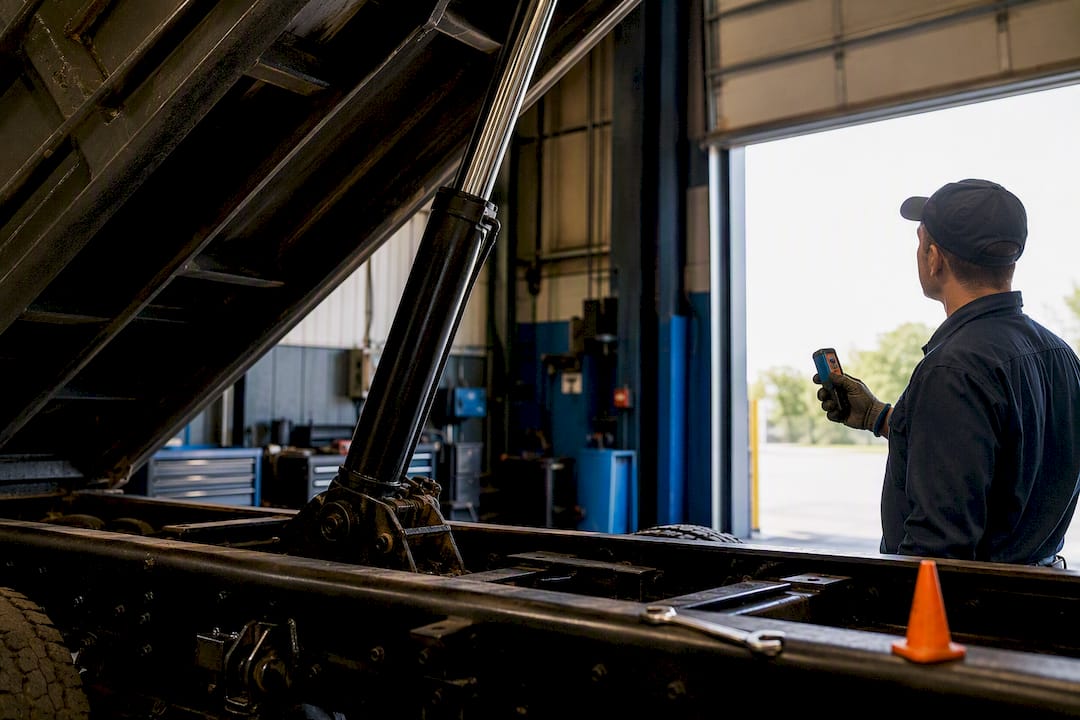 Technician testing a dump truck hydraulic lift