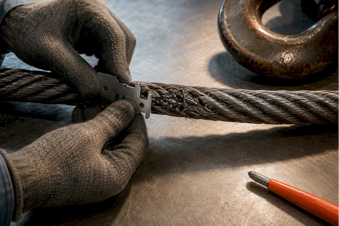 Damaged wire rope under close inspection