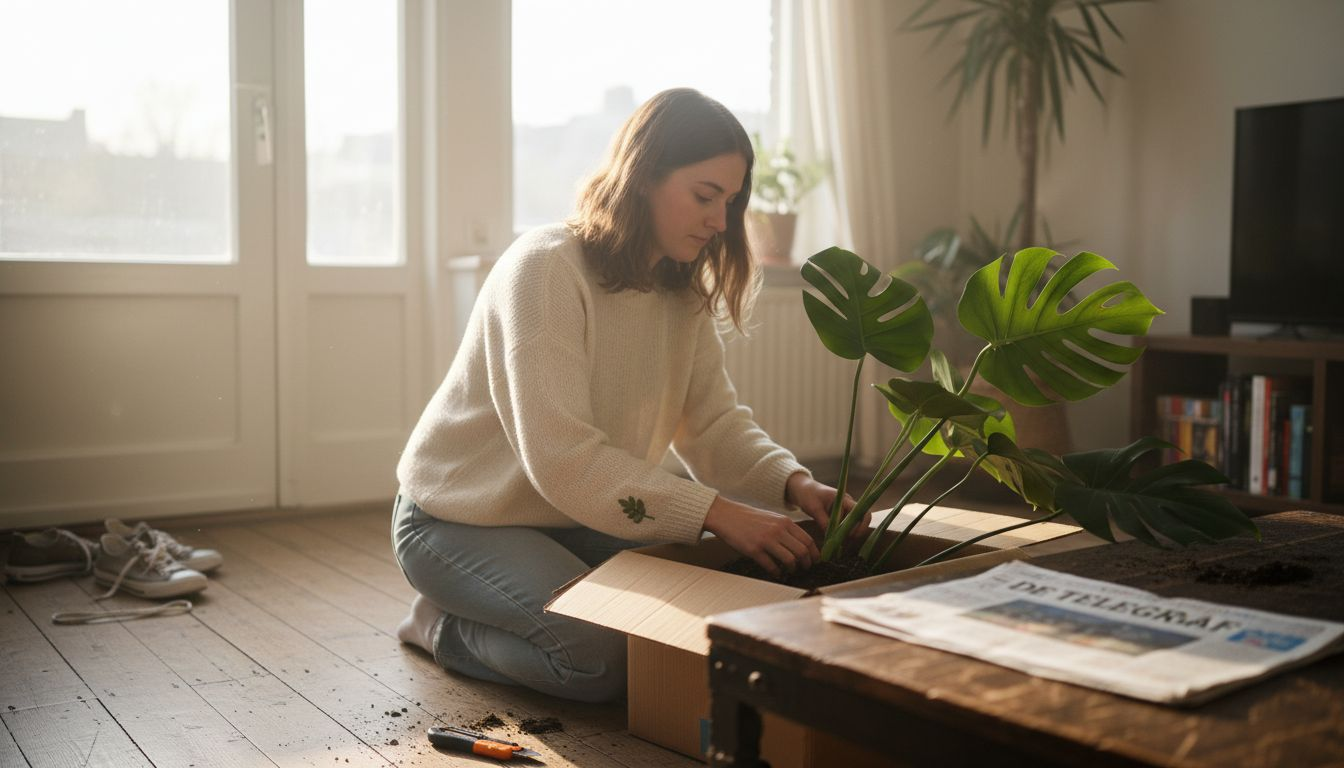 Vrouw inspecteert net bezorgde kamerplant bij ontvangst