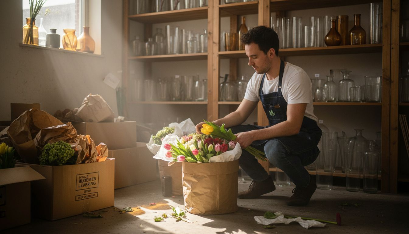 De bloemist beoordeelt de kwaliteit van de binnengekomen bloemen van lokale leveranciers.