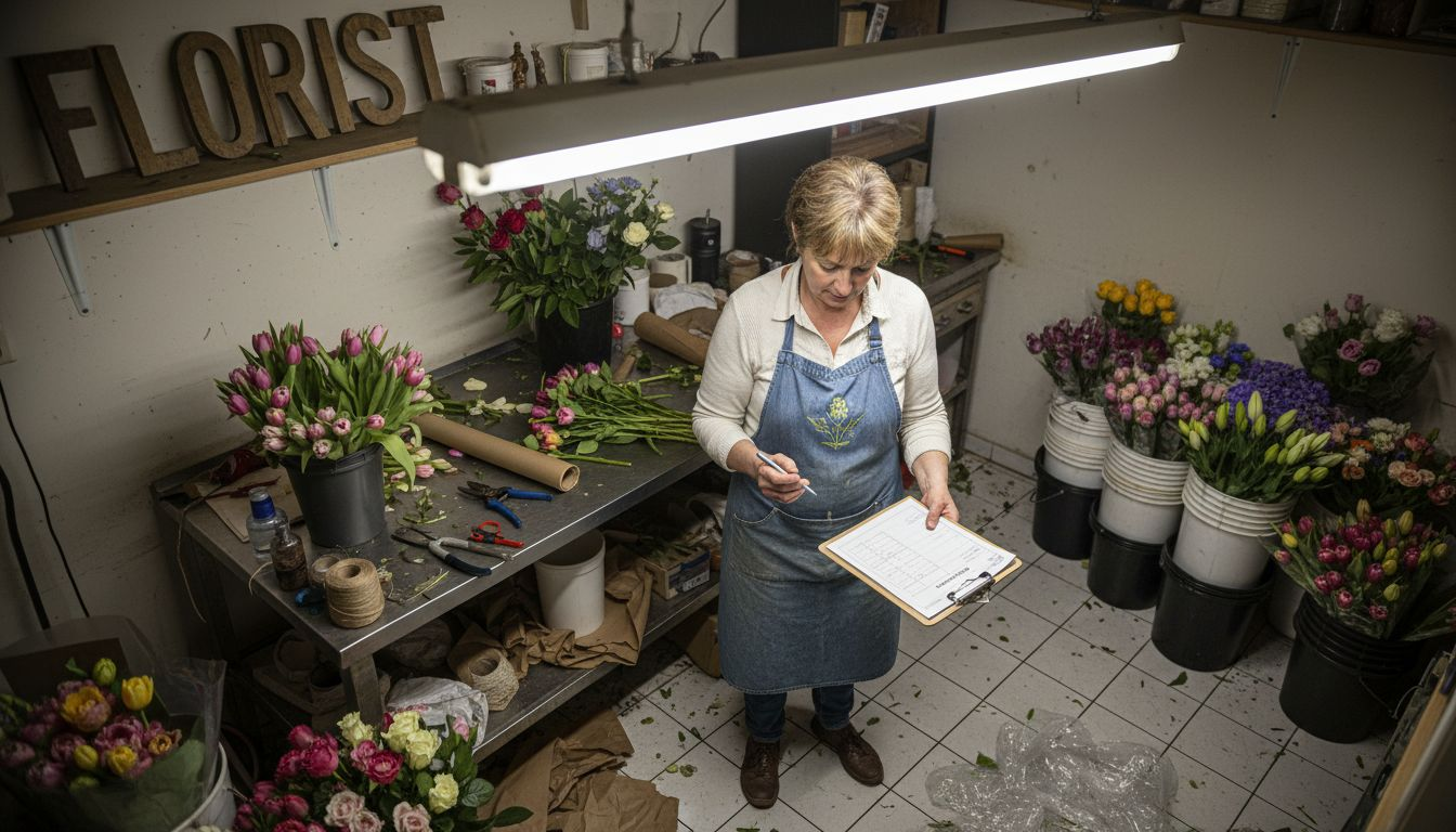 De bloemist verwerkt de bloemen achter de schermen.