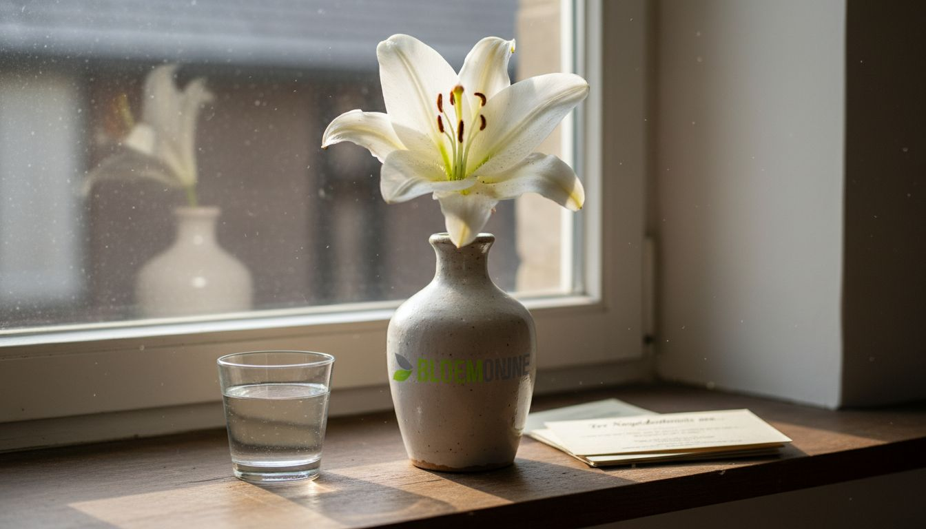 Detailopname van een witte lelie, vaak gekozen als rouwbloem.