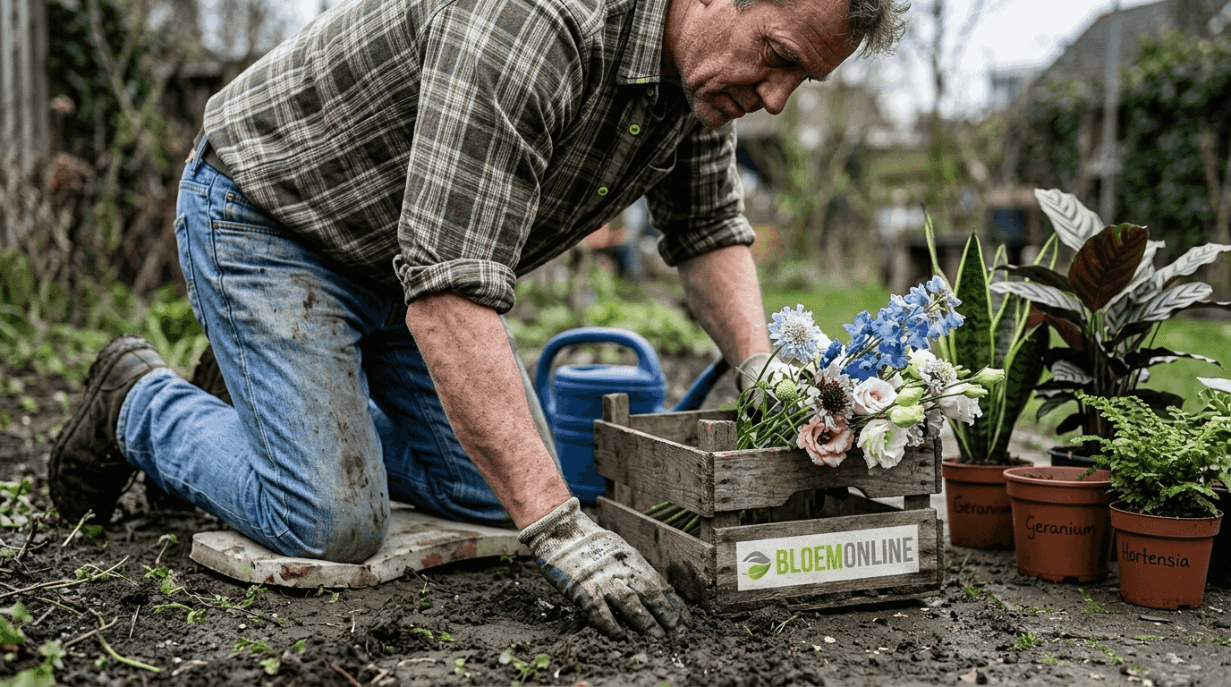 Een tuinier die het verschil bespreekt tussen snijbloemen en planten in potten.