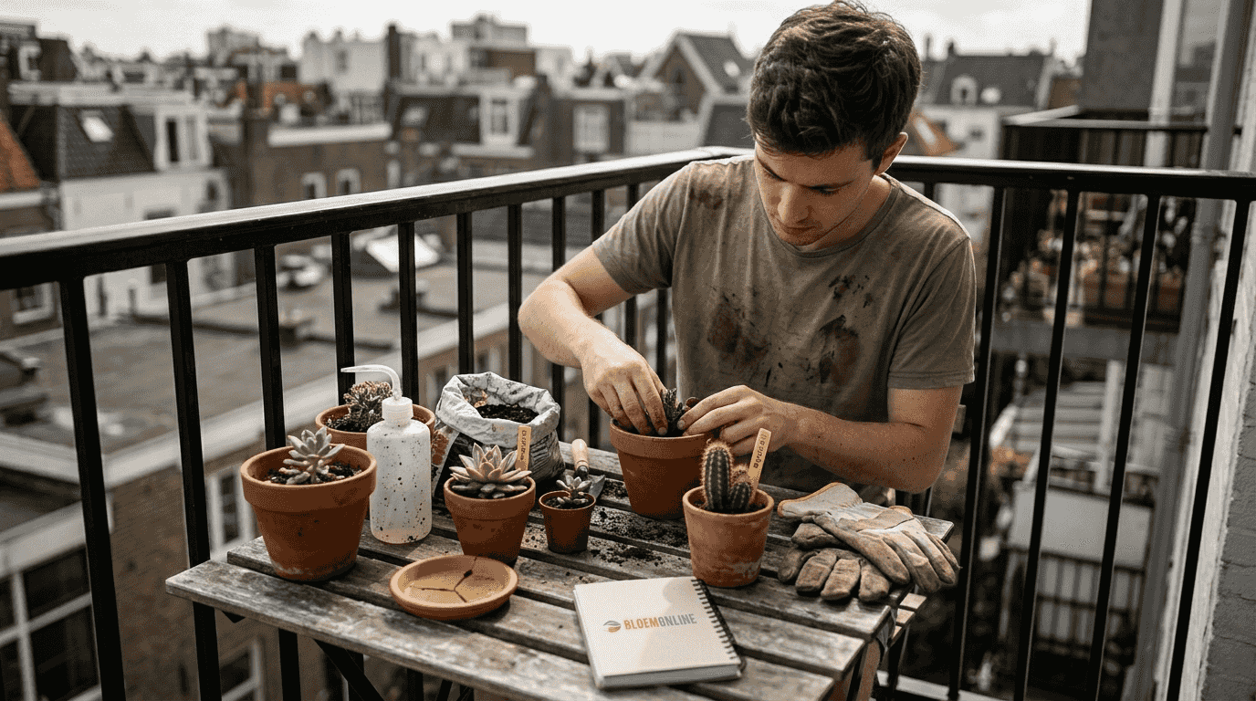 Een man die op zijn balkon in de stad vetplantjes aan het verpotten is.