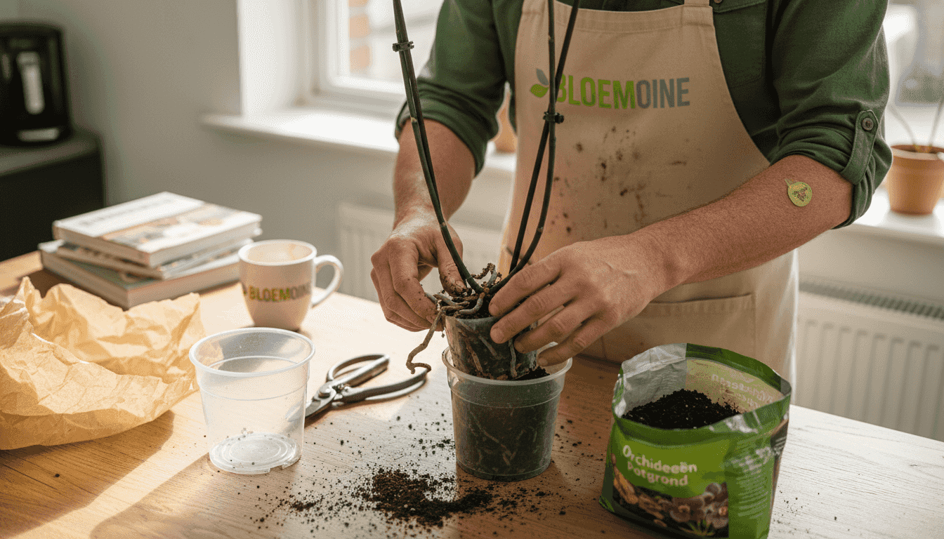 Een man is bezig een orchidee te verpotten en gebruikt daarbij speciaal tuingereedschap.